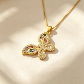 QIKU Butterfly Shape Colorful Rhinestone Pendant Women Necklace Copper Zircon Engagement Jewelry Gift Wholesale Dropshipping
