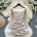 Summer Y2K Pleated Midi Dress For Women Empire Patchwork Feathers Lace Dress