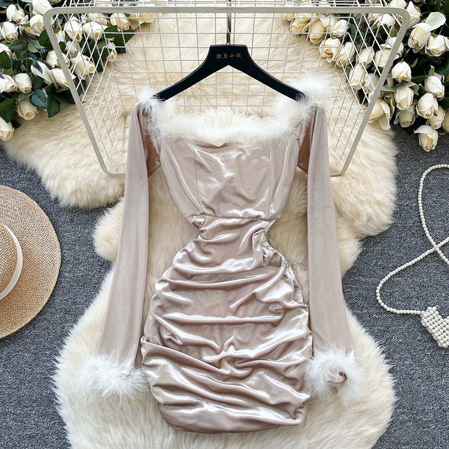 Summer Y2K Pleated Midi Dress For Women Empire Patchwork Feathers Lace Dress