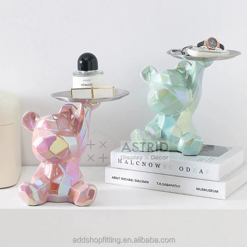 3D pink Dish Bowl Statue Storage watch Jewelry Key holder ceramics bear tray for Home Decoration