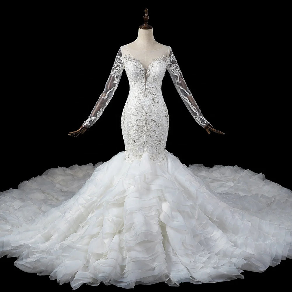 Jancember LSDZ105 Slim Long Sleeve Sequins Beaded Bridal Wedding Women's Mermaid Dresses