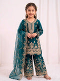 Girls Embroidered Teal Silk Palazzo Suit Set Traditional Indian Pakistani Wedding Outfit Regular Fit Ankle-Length Children MegaBDM