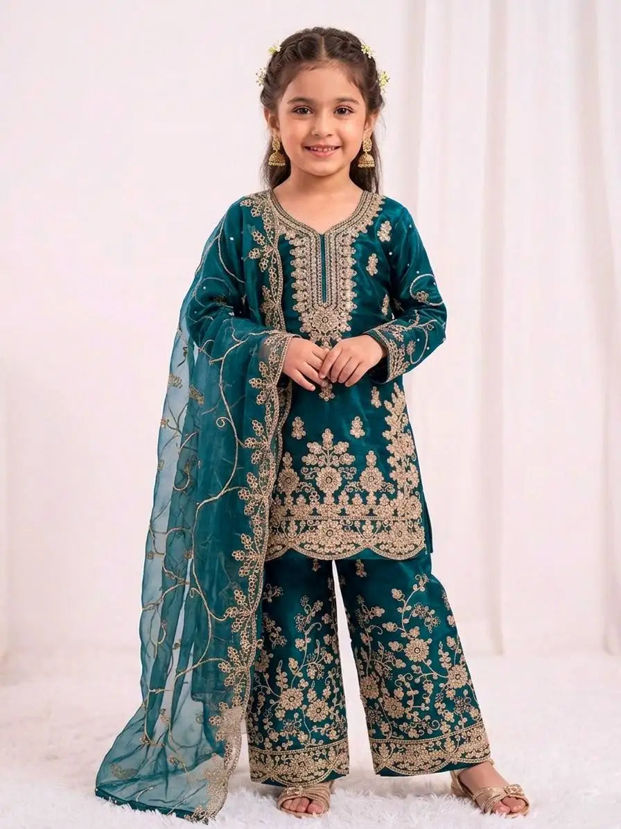 Girls Embroidered Teal Silk Palazzo Suit Set Traditional Indian Pakistani Wedding Outfit Regular Fit Ankle-Length Children MegaBDM