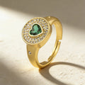 QIKU Fashion Gold Plated Green Rhinestone Heart Crystal Paved Rings Copper Cubic Zirconia Charm Finger Jewelry Accessories Gift