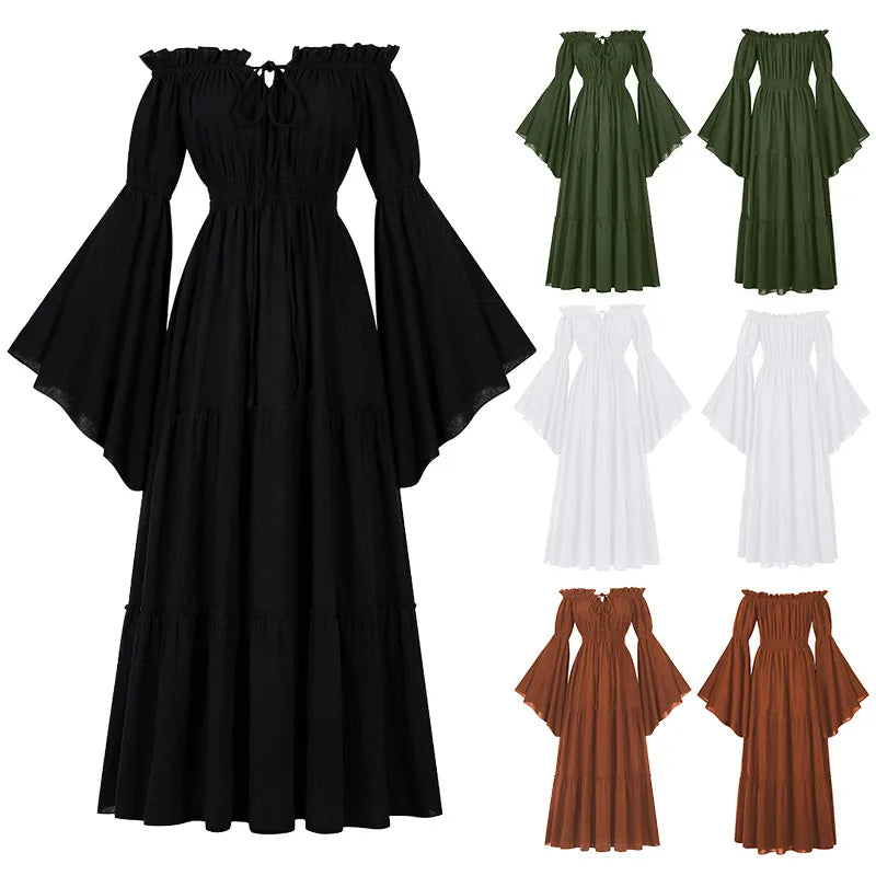 Elegant Womens Solid Vintage Summer off Shoulder Maxi Dress Smocked Waist Flare Sleeve Tiered Boho Casual Party Wholesale MegaBDM