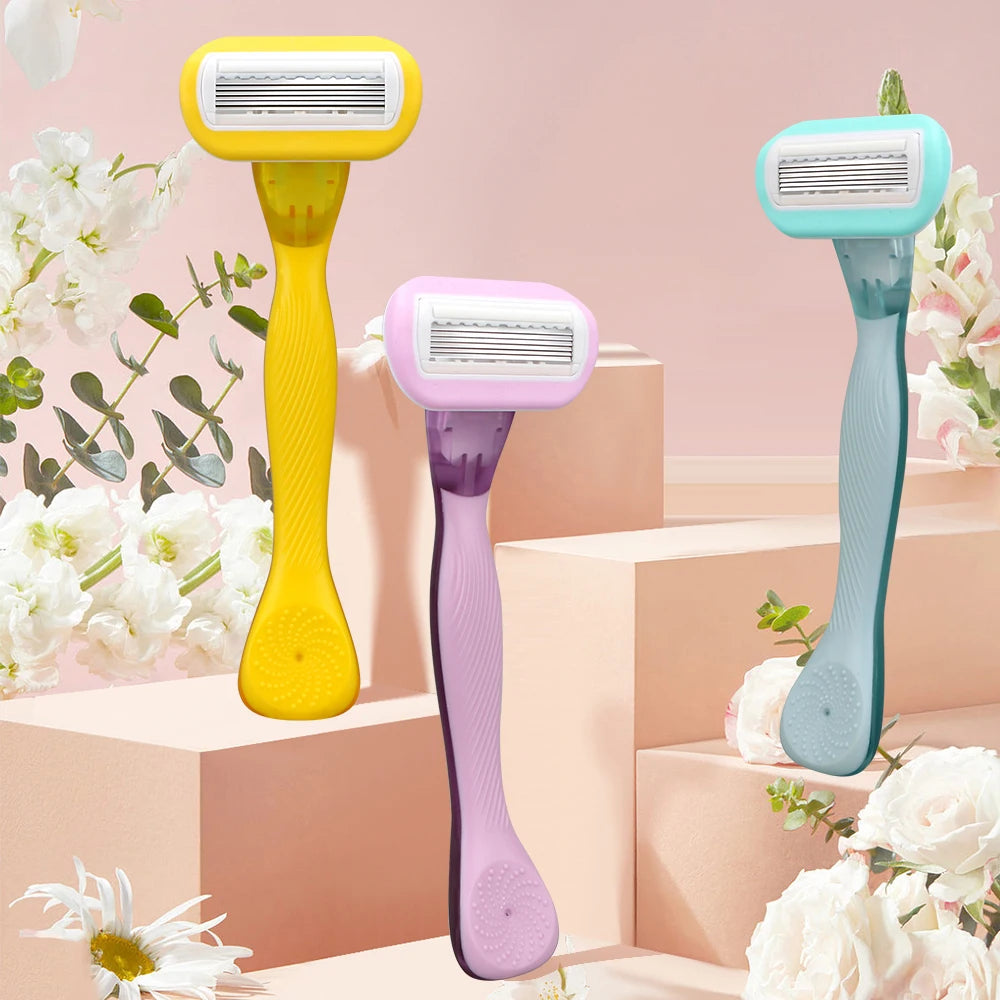 6 Blades Women Body Razor with Longer Handle Easy Shave Razor for Lady with Refills