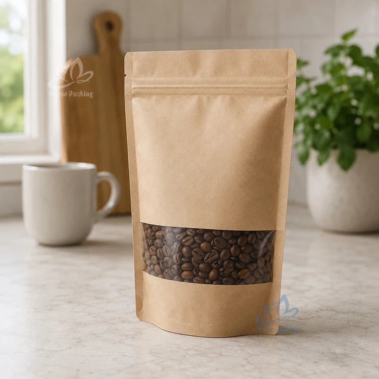 Wholesale Kraft Paper Stand up Pouch Custom Printed Resealable Food Packaging Bag with Clear Window for Buyers MegaBDM