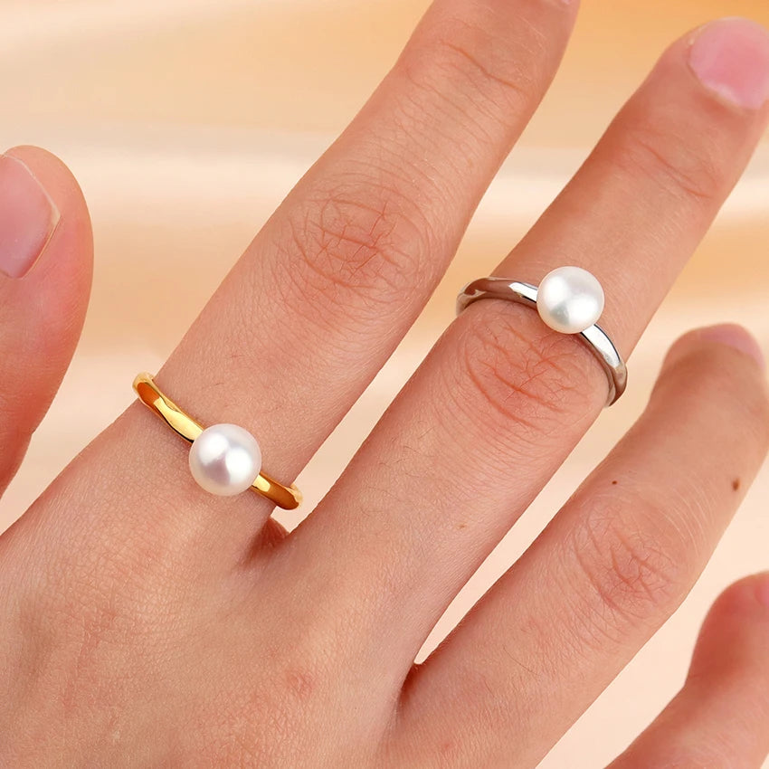New Arrival Minimalist Ring Stainless Steel Silver Gold Plated Band Cute Single Freshwater Pearl Ring Girls Ring for Daily