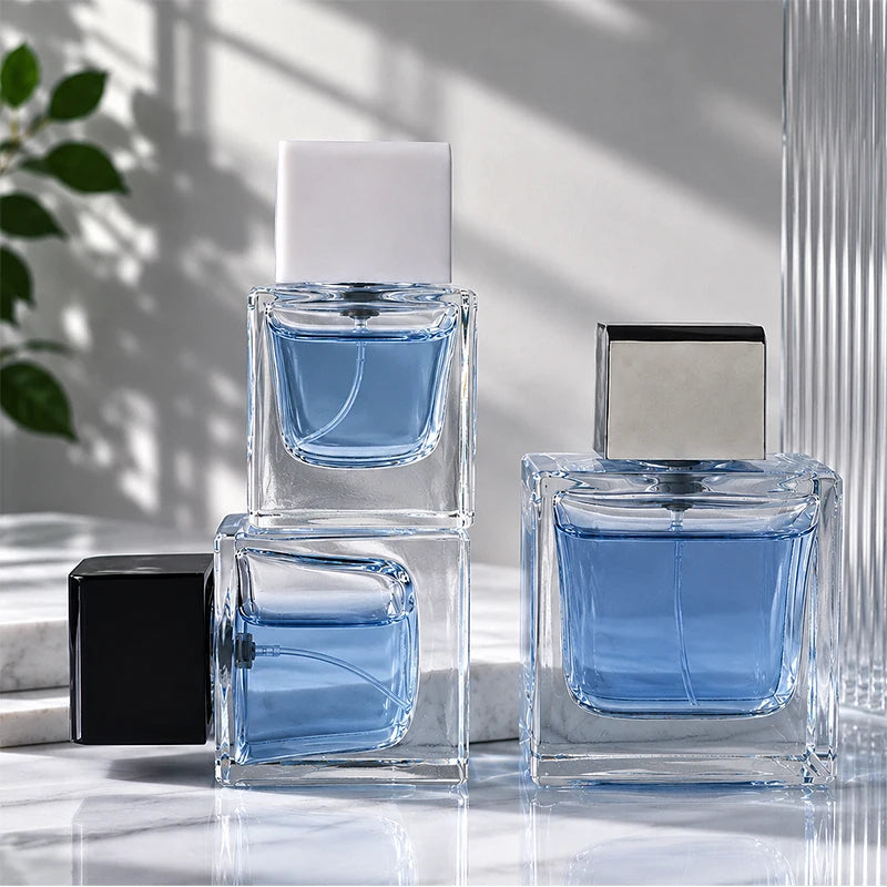 30ml 50ml 100ml Empty Square Fine Mist Spray Glass Perfume Bottle Thick with Electroplated ABS Cap Fragrance Packaging MegaBDM