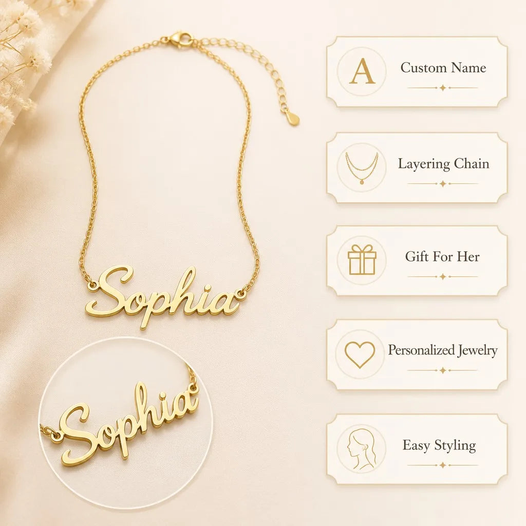 Custom Name Necklace Personalized Gold Plated Stainless Steel Nameplate Necklace for Women Handmade Script Jewelry Gift for Her MegaBDM