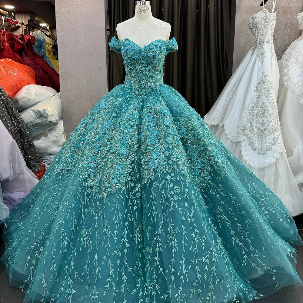 Jancember 6640 Emerald Green Flower Off Shoulder Party Women's Evening Quinceanera Dresses