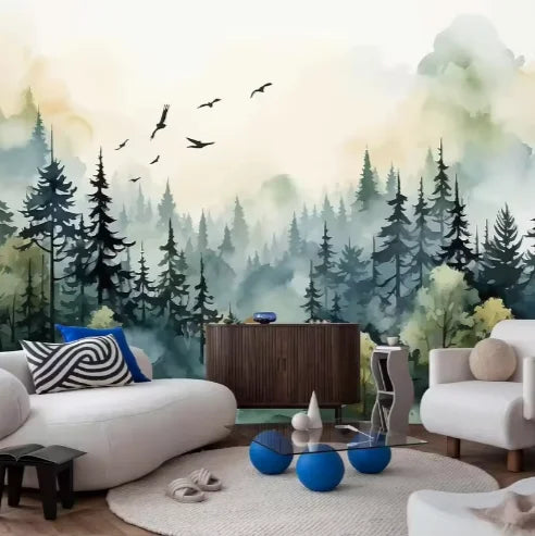 Green Forest Woodland Wallpaper Mural Large Art Wall Decorative Mural for Bedroom Living Room