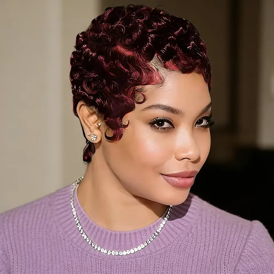 Water Wave Dark 99J Burgundy Glueless Full Machine Made Human Hair Wigs Pixie Bob Cut Wigs for Black Woman Clearance Wig on Sale MegaBDM