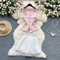 Summer Women's Casual Sets Square Collar Sleeveless Tunic Bandage Top And Mesh Skirts Set Clothing Wholesale
