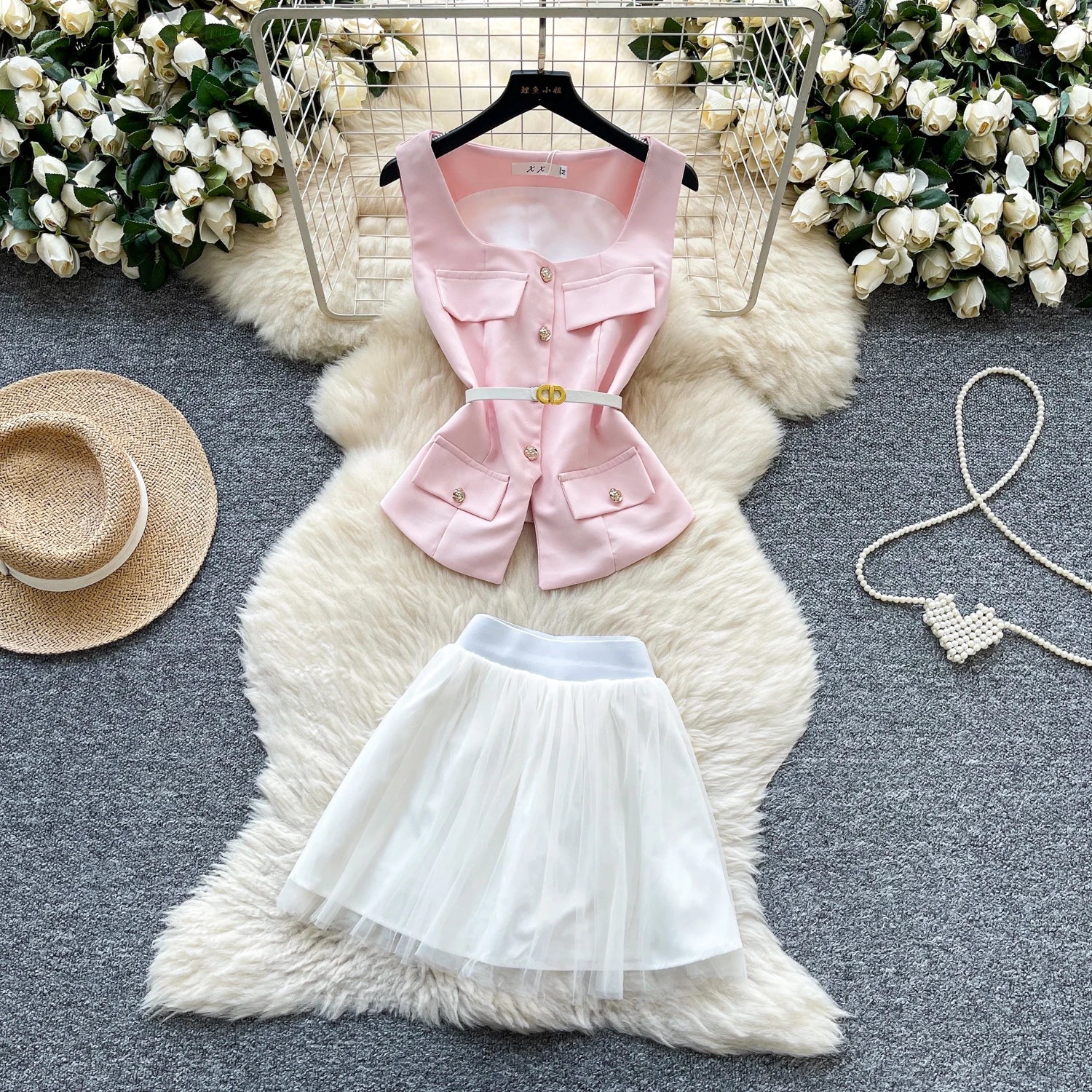 Summer Women's Casual Sets Square Collar Sleeveless Tunic Bandage Top And Mesh Skirts Set Clothing Wholesale