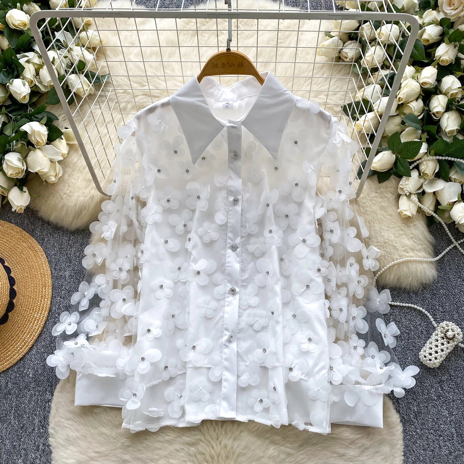 Autumn Full Sleeve Casual Mesh Blouses Women Floral Shirts Ladies Casual Tops Clothes Women Wholesale