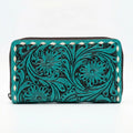 New Teal Genuine Leather Zipper Clutch Wallet Hand Carry Purse Geometry Pattern Bohemian Women's Daily Use Summer Water MegaBDM