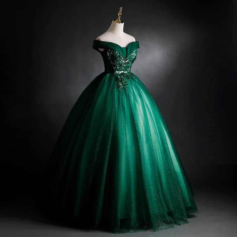 Luxury Emerald Green Quinceanera Ball Gown Off Shoulder Lace up Corset Glitter Tulle Princess Prom Evening Dress MegaBDM