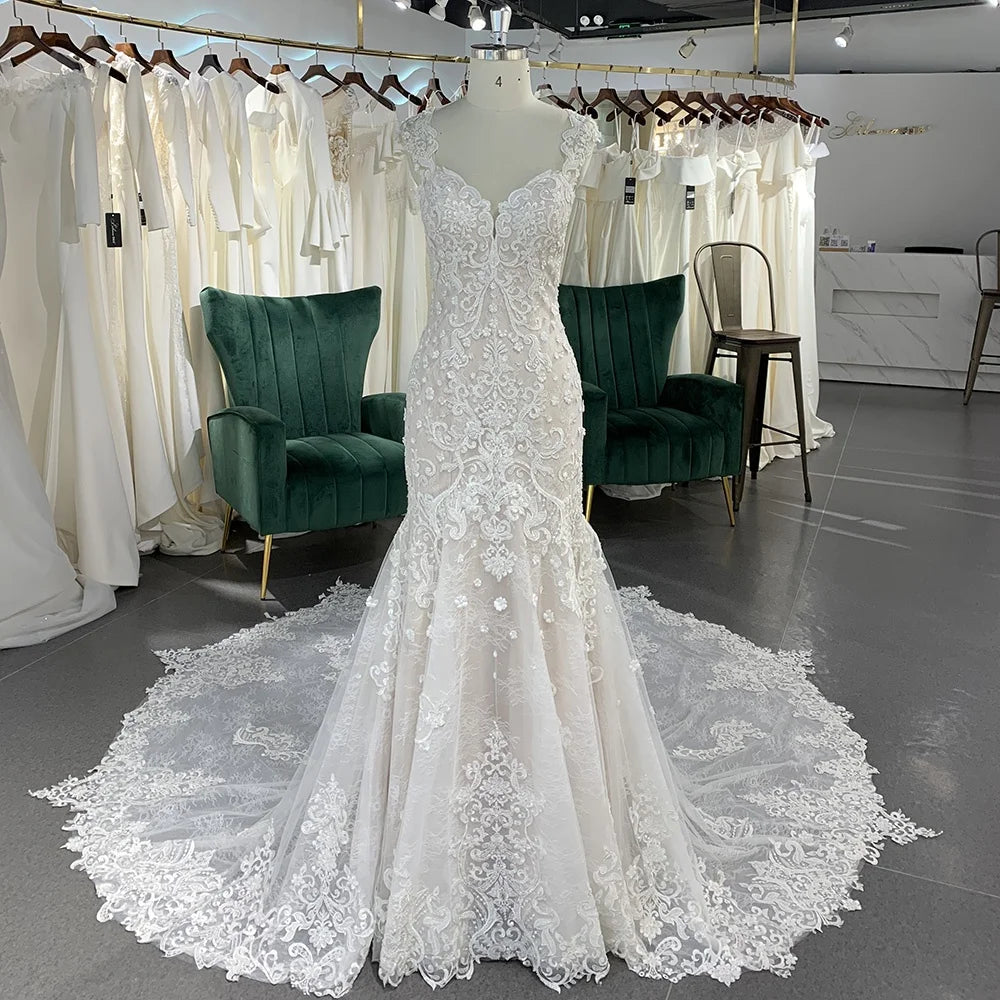 Jancember LSSG024 Embroidery Lace Fabric Mermaid Wedding Party Dresses
