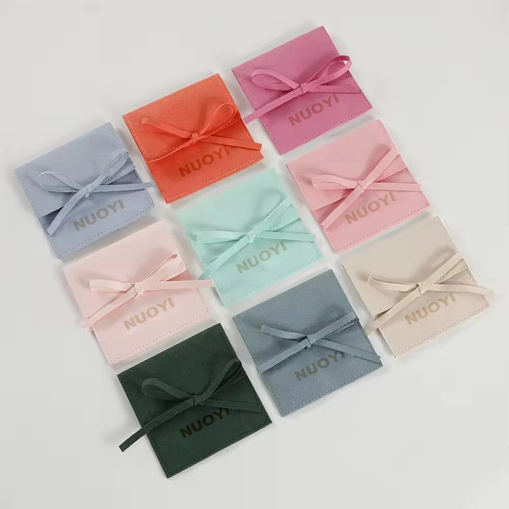 Luxury Custom Microfiber Flap Envelope Bowknot Gift Bag Deboss Logo Velvet Jewelry Pouch Packaging for Necklaces & Bracelets