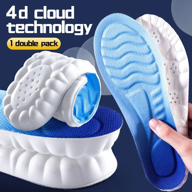 4D Cloud Technology Sports Insoles for Shoes PU Sole Soft Breathable Shock Absorption Cushion Running Orthopedic Care Insoles - Blue-White / EU41-42
