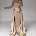 Luxury Champagne Womens Evening Dress Long Sleeve Beaded Bodice Ruched Satin Skirt Formal Mother of the Bride Gown MegaBDM