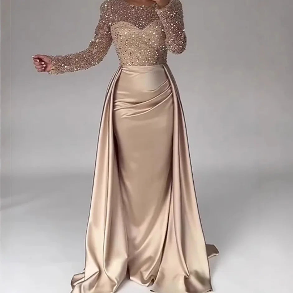 Luxury Champagne Womens Evening Dress Long Sleeve Beaded Bodice Ruched Satin Skirt Formal Mother of the Bride Gown MegaBDM