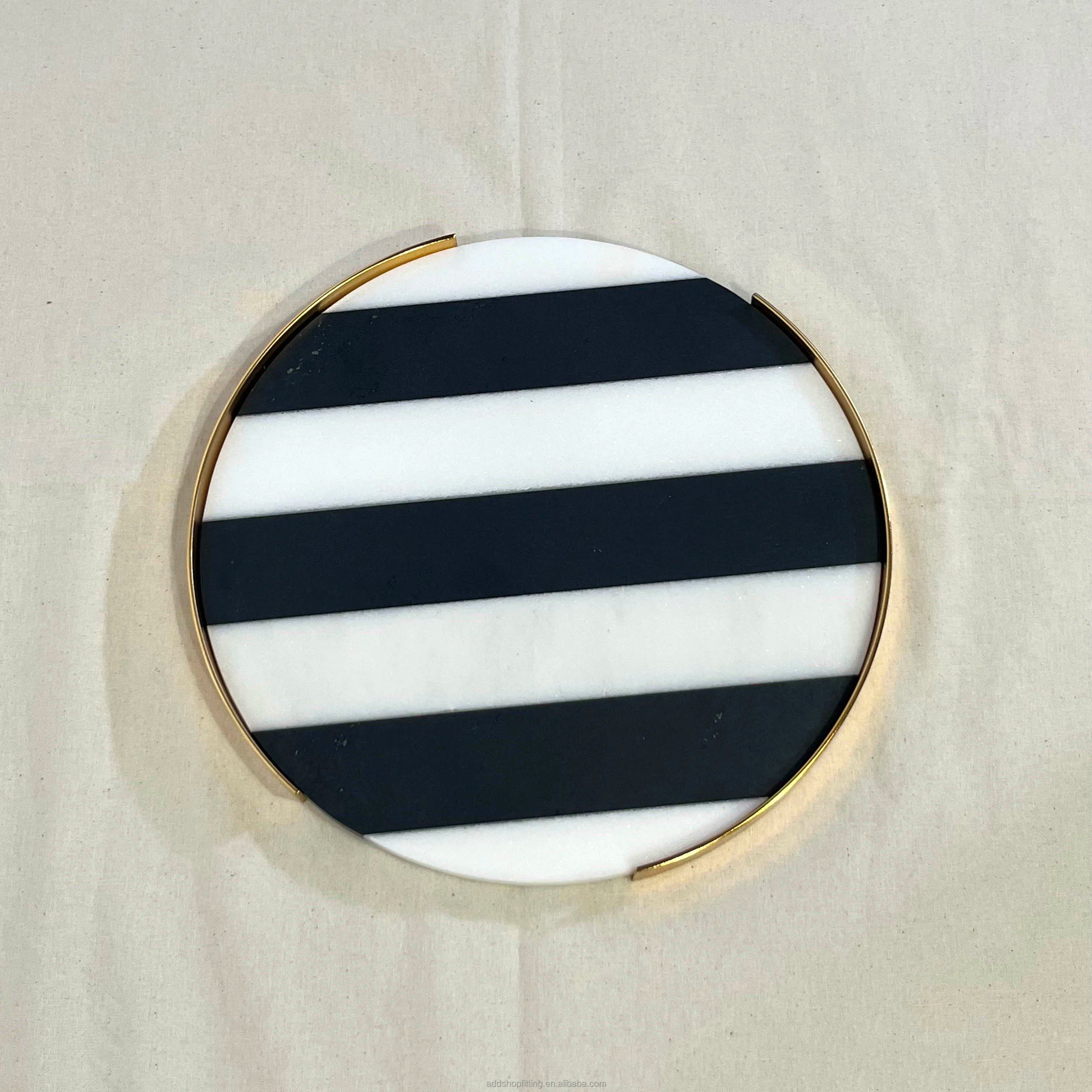 Durable Sustainable Luxury Gold Black White Marble Round Serving Tray for Home Hotel Decor