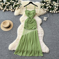 Summer Roman Tunic Slim Pleated Midi Dress For Women Empire Patchwork Mesh Dress