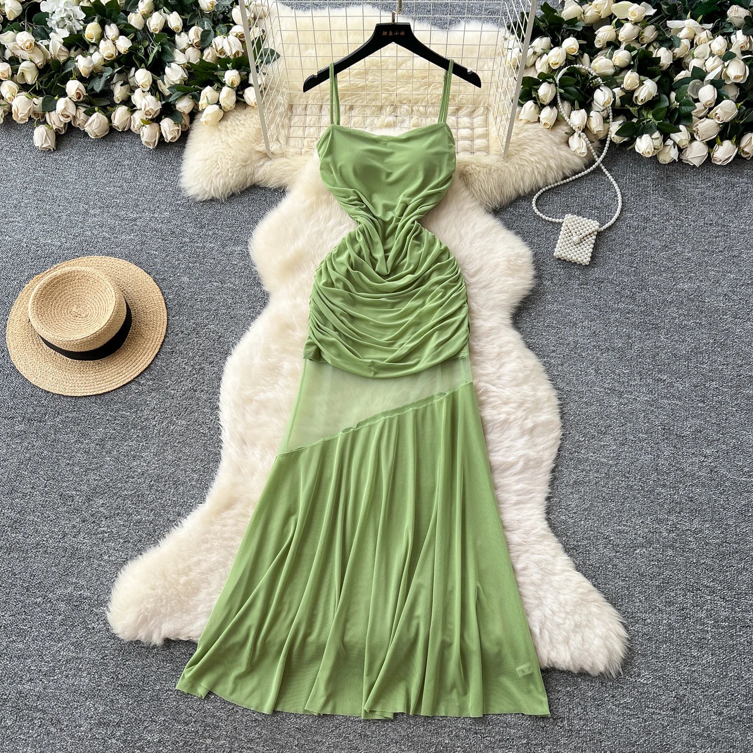 Summer Roman Tunic Slim Pleated Midi Dress For Women Empire Patchwork Mesh Dress