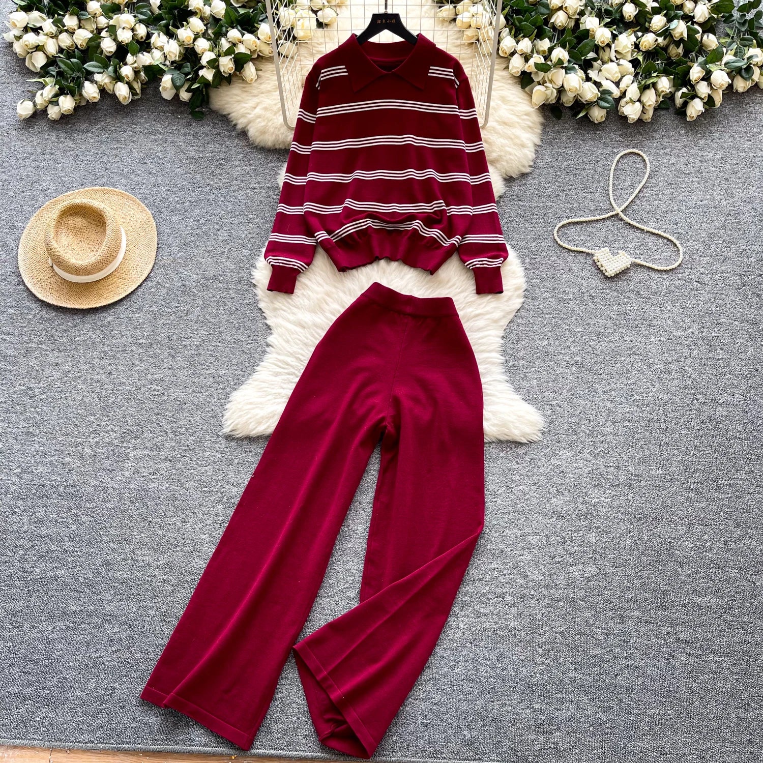 Fall Women's Korean Loose Sets Top And Floral Printed Knitted Pants Set Jogging Suits Wholesale