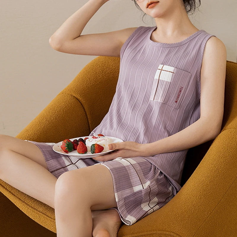 Vest Shorts Home Wear Set Cute Printed Cartoon Pajama Set 2pcs Simplicity Sleepwear for Women