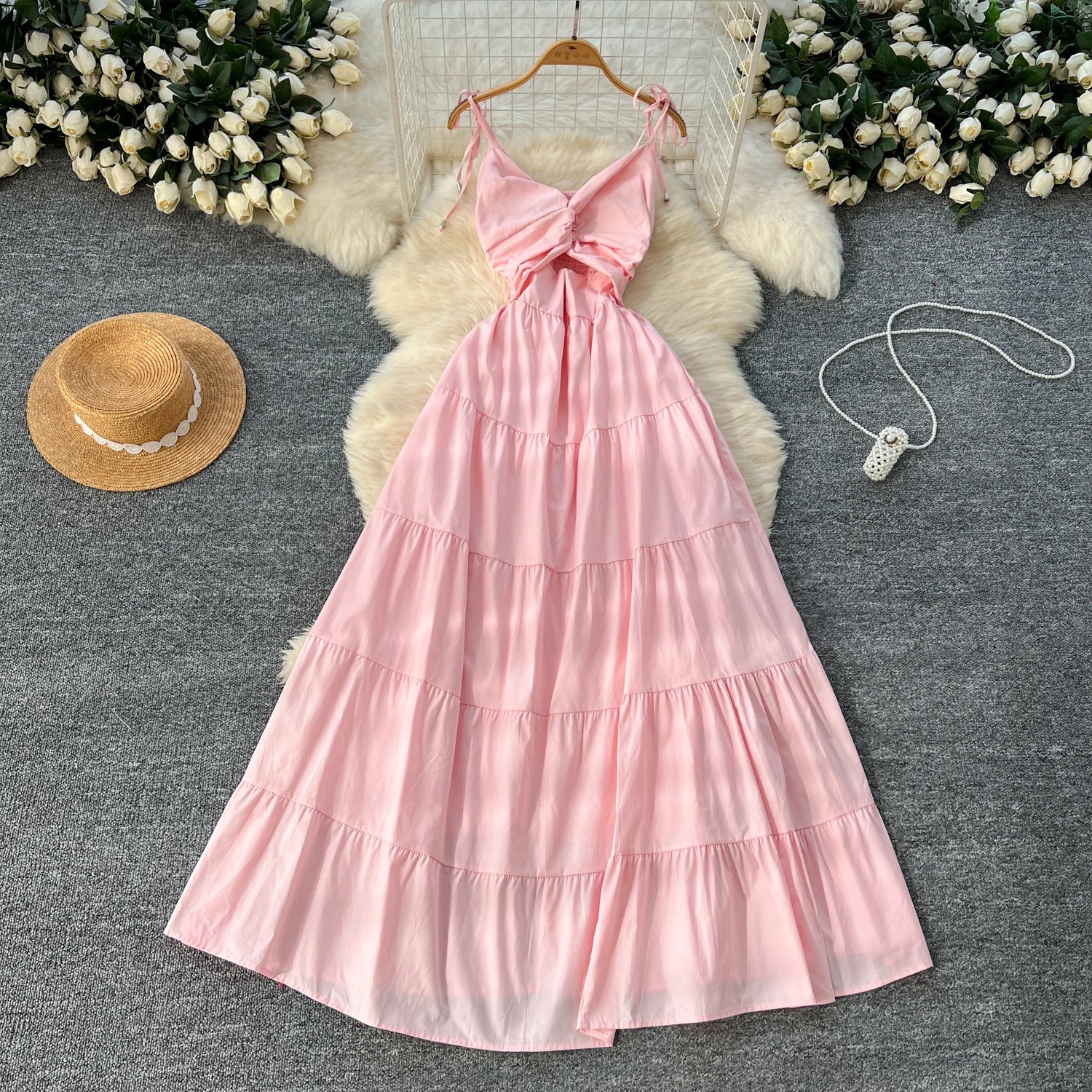 Spring Roman Tunic Slim Casual Midi Dress For Women Hollow Out Backless Lace Dress
