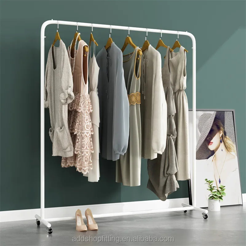 White Stainless Steel Movable Wheel Rail Stand Clothes suits formal gowns wedding dresses Display Rack for clothing shop
