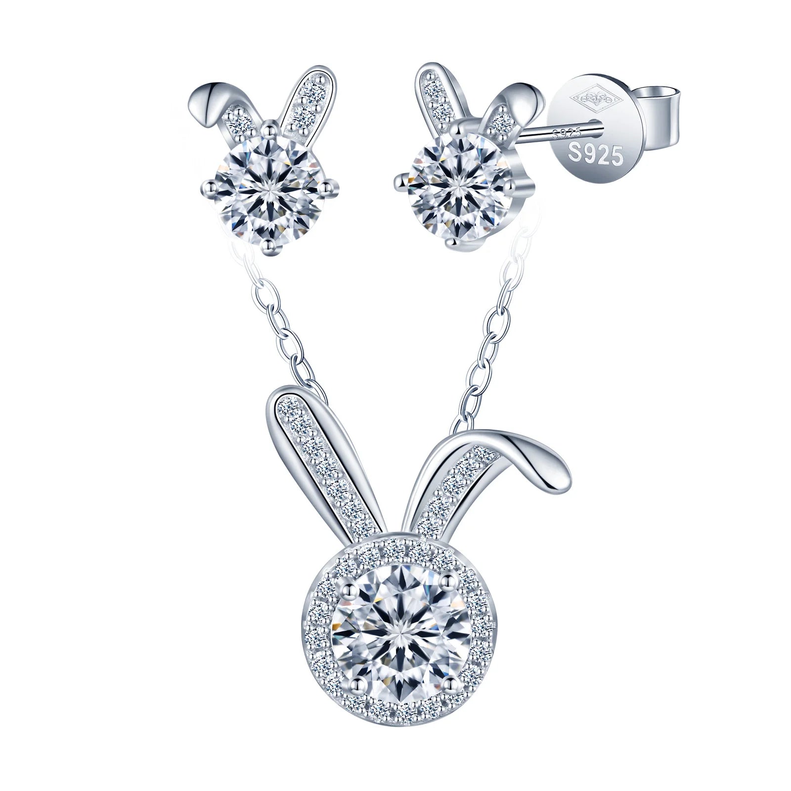 D Color VVS1 3 Excellent Moissanite Diamond Necklace with Rabbit Ears 925 Sterling Silver Stud