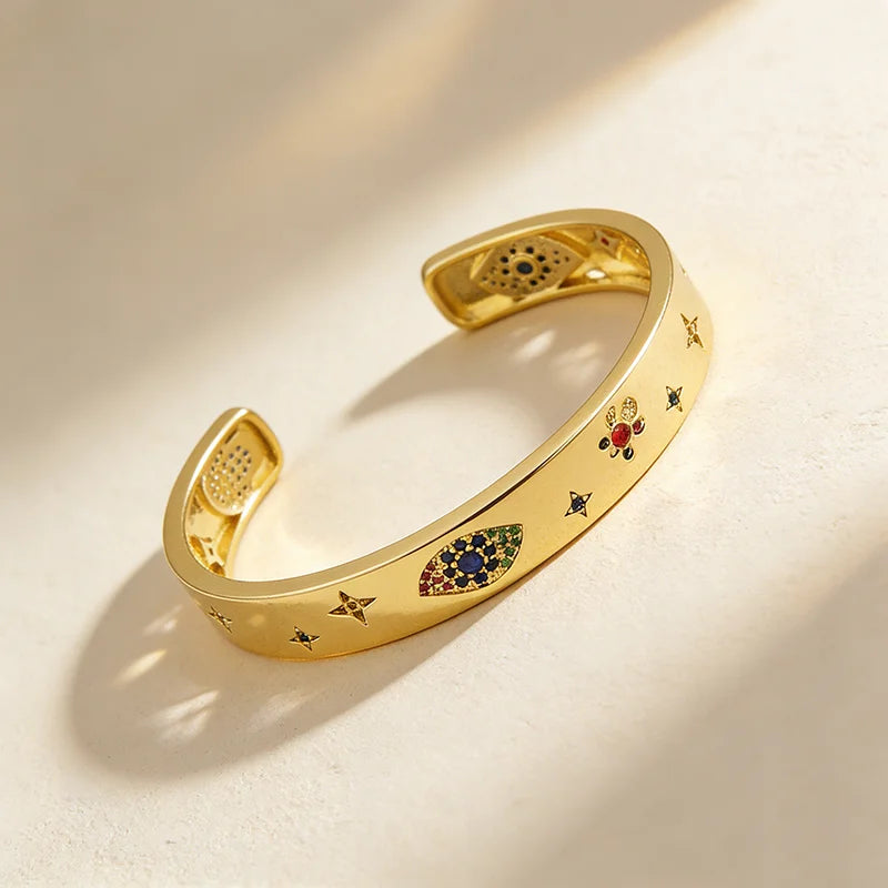 QIKU New Design Luxury Eye Bangle Copper Cubic Zircon Gold Color Bracelet Women Girl Charm Jewelry Accessories Trendy Gift