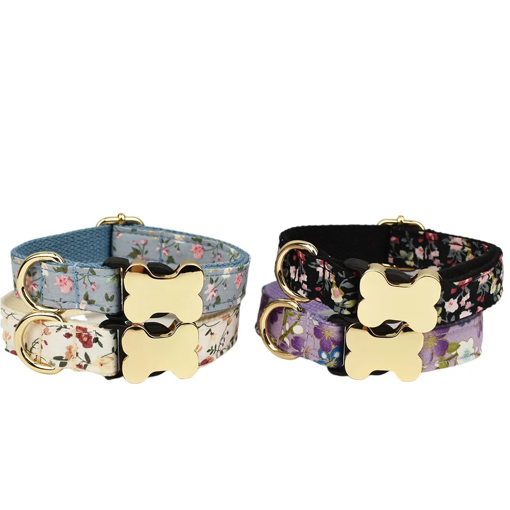 Luxury Polyester Dog Collar Custom Logo Floral Pattern Durable Construction Personalized Options Bone Shape Metallic Buckle-Low