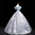 Luxury Ice Blue Floral Jacquard Quinceanera Ball Gown Off Shoulder Ruffle Corset Princess Prom Evening Dress MegaBDM