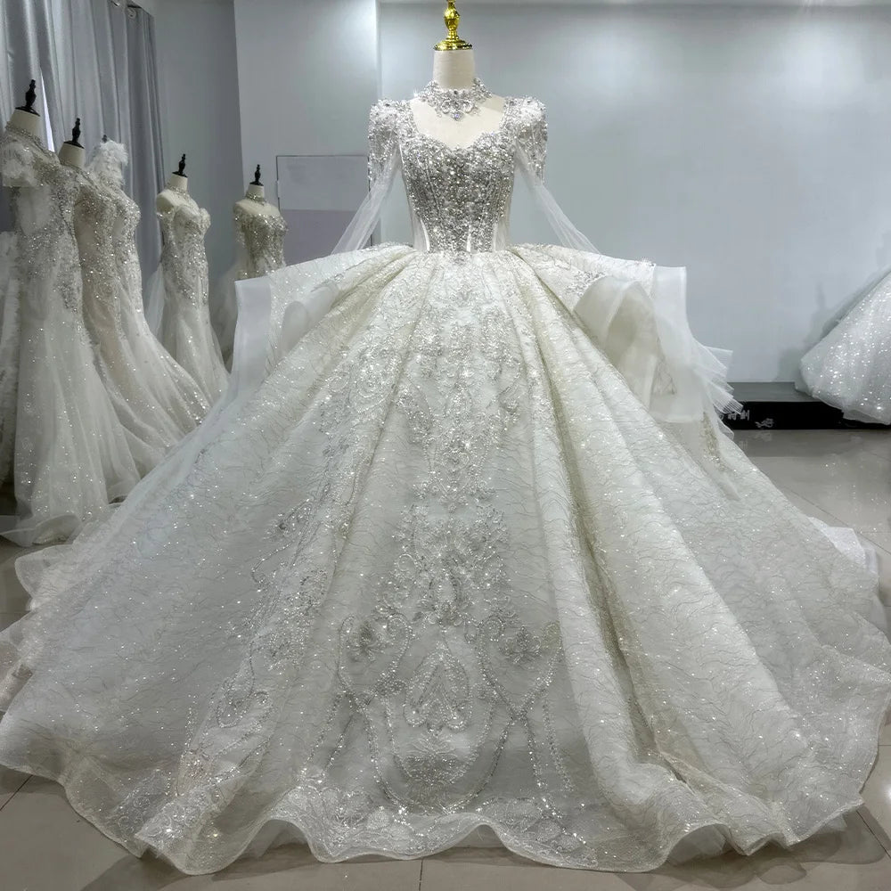 Jancember XS104 Fashion Long Sleeve Crystal Puffy Wedding Dresses for Bridesmaid