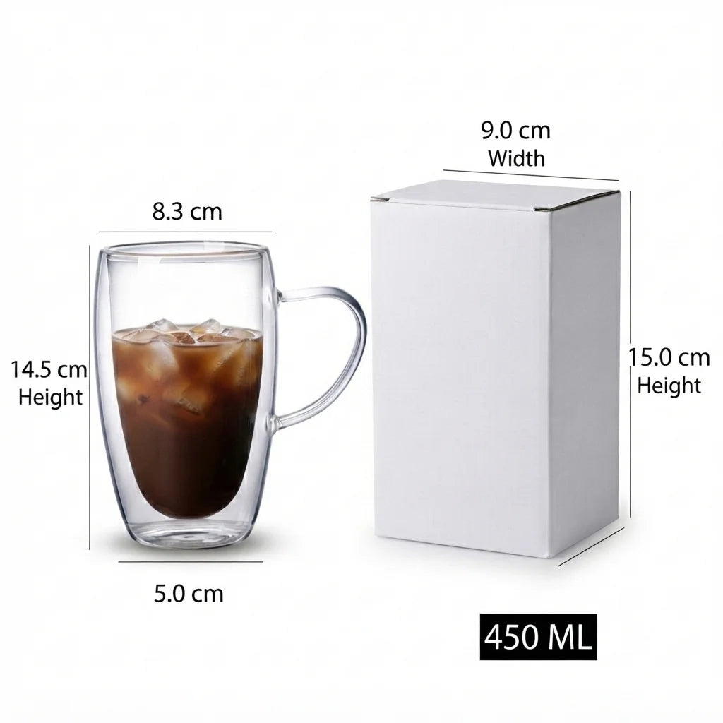 Private Label Reusable Double Wall High Borosilicate Glass Coffee Mug 450ml Heat Resistant E-commerce Homeware Brands MegaBDM