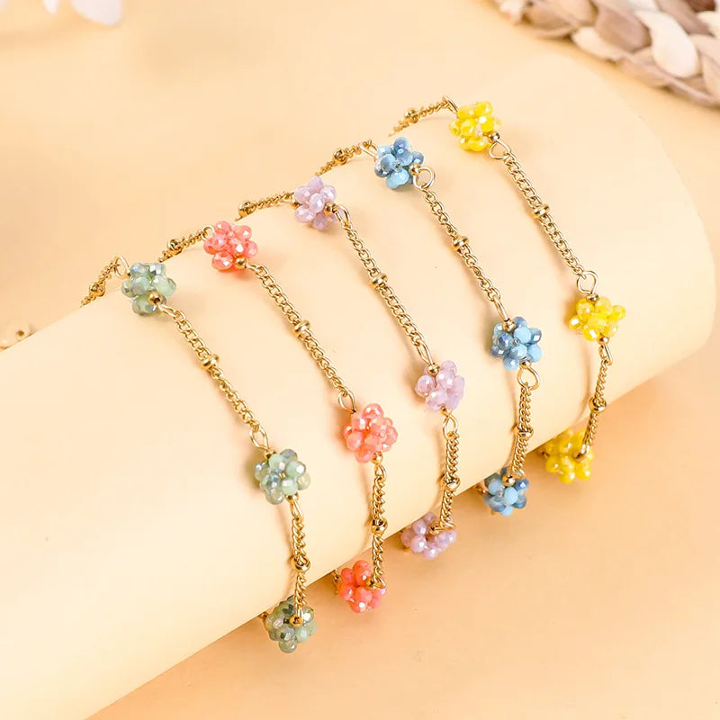 European and American Retro Colorful Flower Hand-woven Beaded Bracelet Dopamines Stainless Steel Bracelet Femme