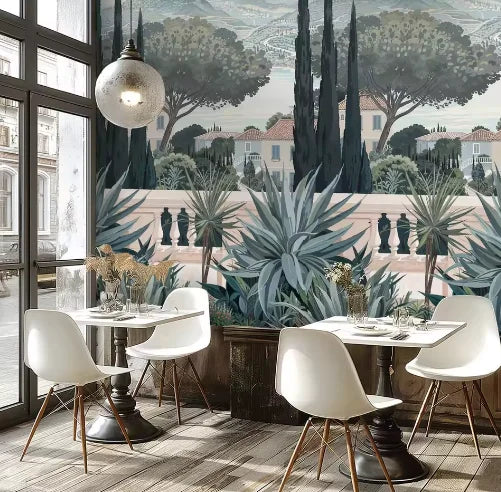 Photo Wallpaper Murals Finca Blue Brown Cream Non Woven Vinyl Wall Mural Plants for Hotel Scenic