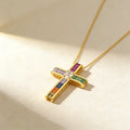 QIKU Cross Shape Colorful Rhinestone Pendant Necklace Copper Zircon Religious Pray Jewelry Accessory Factory Price