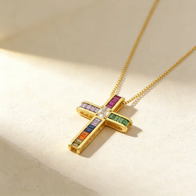 QIKU Cross Shape Colorful Rhinestone Pendant Necklace Copper Zircon Religious Pray Jewelry Accessory Factory Price