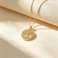 QIKU Wholesale Price Luxury Round Shape Hollow Out Tree Pattern Pendant Necklace Copper Micro Pave Gold Color Jewelry Gift