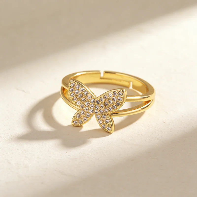 QIKU Charm Butterfly Shape Micro Pave Crystal Gold Color Adjustable Opening Ring Women Jewelry Copper Zircon Accessories Gift