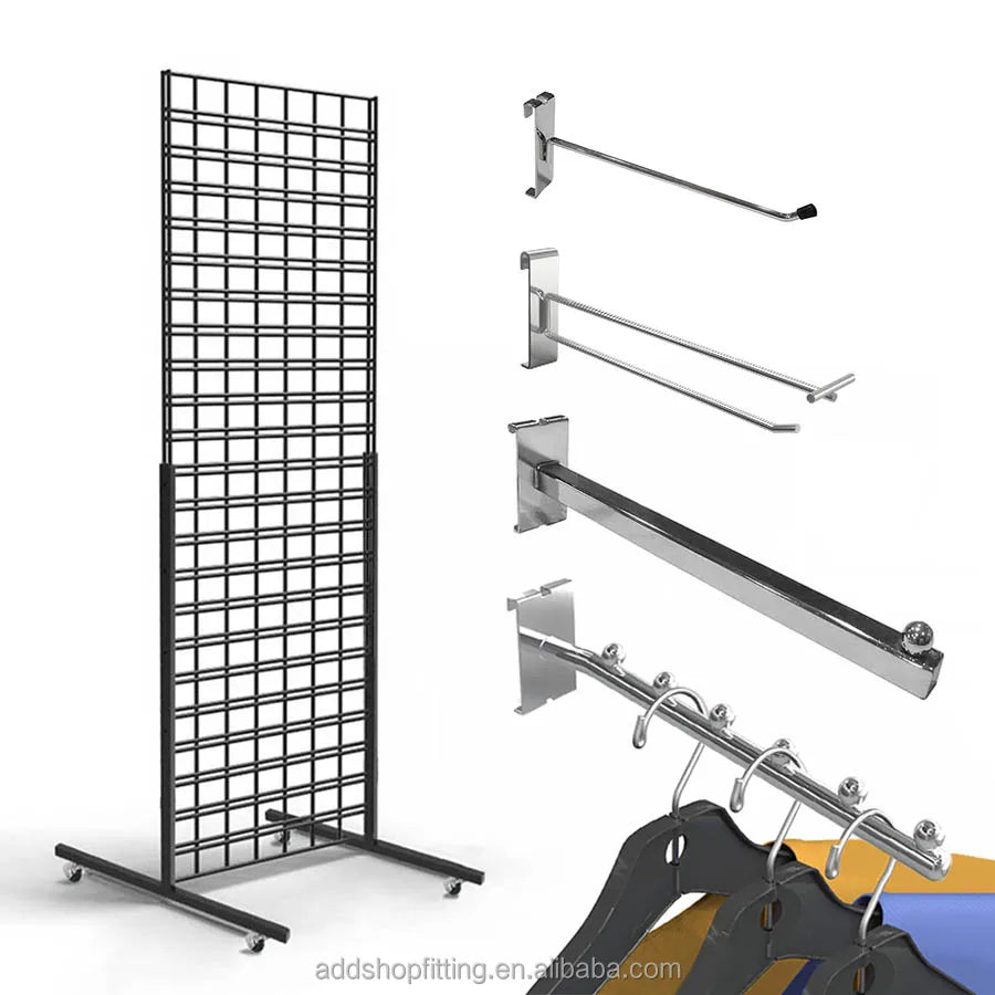 88 cm T-Shaped Steel Wall Panels Grid Display Rack with Slatwall Hook for Efficiently Displaying Goods