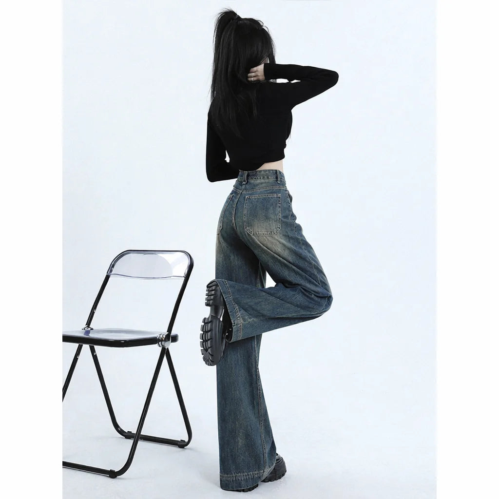 Bangladesh China Factory Price Women Retro High Waist Wide Leg Denim Jeans Summer Loose Straight Style Floor Length Blue Jeans MegaBDM