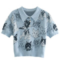 Summer Knit Shirt Short Sleeve Polo Collar Jacquard Women's Clothes Ladies Knit Sweater
