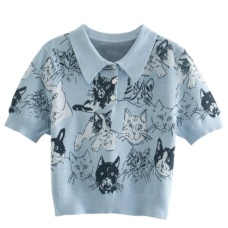 Summer Knit Shirt Short Sleeve Polo Collar Jacquard Women's Clothes Ladies Knit Sweater